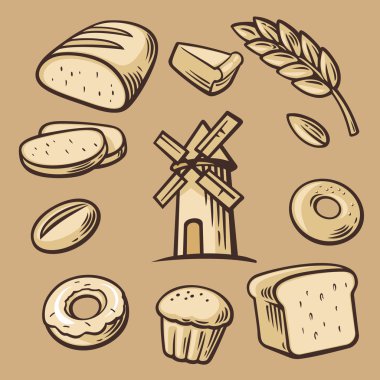 Ekmek, tahıl, buğday, çörek, Kek Fabrikası ve yemek. Vektör ekmek semboller ve simgesini ayarla.