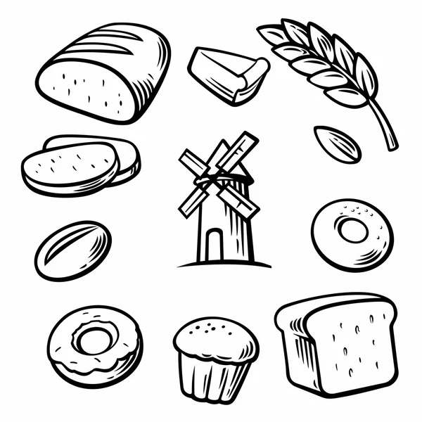 Pain, céréales, blé, beigne, moulin à gâteau et cuisson. Définir les symboles et l'icône de boulangerie vectorielle . — Image vectorielle