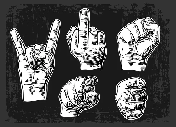 Male Hand sign. Fist, Middle finger up, pointing finger at viewer from front,  fig, Rock and Roll.  Vector vintage engraved illustration isolated on dark background. — Stock Vector