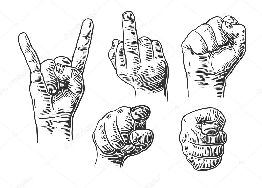 Male Hand sign. Fist, Middle finger up, pointing finger at viewer from front,  fig, Rock and Roll.  Vector vintage engraved illustration isolated white background.  