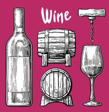 Şarap ayarlayın. Şişe, cam, tirbuşon, varil. Siyah vintage oyulmuş vektör illüstrasyon izole, pembe arka plan. Etiket, poster, web için.