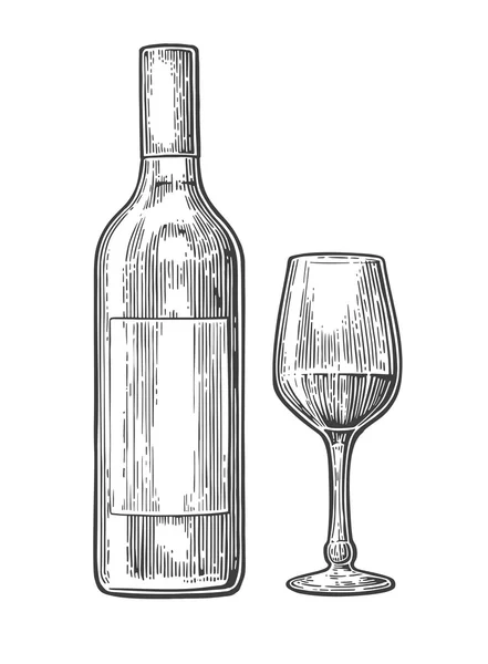 Botella y copa con vino. Ilustración vectorial grabada vintage negra aislada sobre fondo blanco. Para etiqueta, póster, web . — Vector de stock