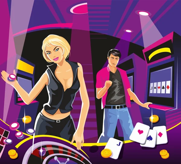 Lucky woman hold casino chips while spinning roulete. Lucky man hold money. Interior casino - slot machines, chairs, light projectors. Design concept for gambling luck ans successful play. — Stock Vector