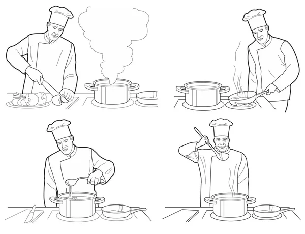 Proces gotowania z postaciami szefa kuchni przy stole w restauracji kuchnia wnętrz wektor ilustracja. Czarny na białym tle — Wektor stockowy