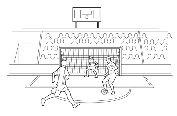 Fotbollsspelare försvara portarna. Åskådare sitter i stativen av stadionen. Vektor svart illustration på vit bakgrund — Stock vektor