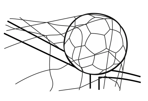 Balón de fútbol en la red de portería. Ilustración vectorial en negro sobre fondo blanco — Archivo Imágenes Vectoriales