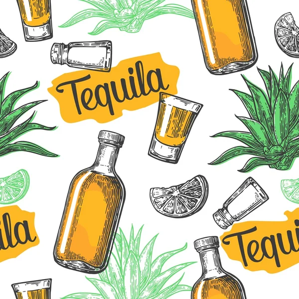 Pola tak berjahit dari kaca dan botol, kaca, garam, kaktus dan kapur pada latar belakang putih. Vintage vektor ukiran ilustrasi untuk label, poster, web, undangan untuk pesta tequila . - Stok Vektor