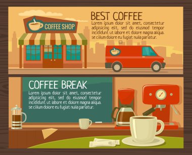Coffee service in shop and cafe. Flat vector illustration. Set of vector banners. City, cityscape, landscape, car, coffee house.