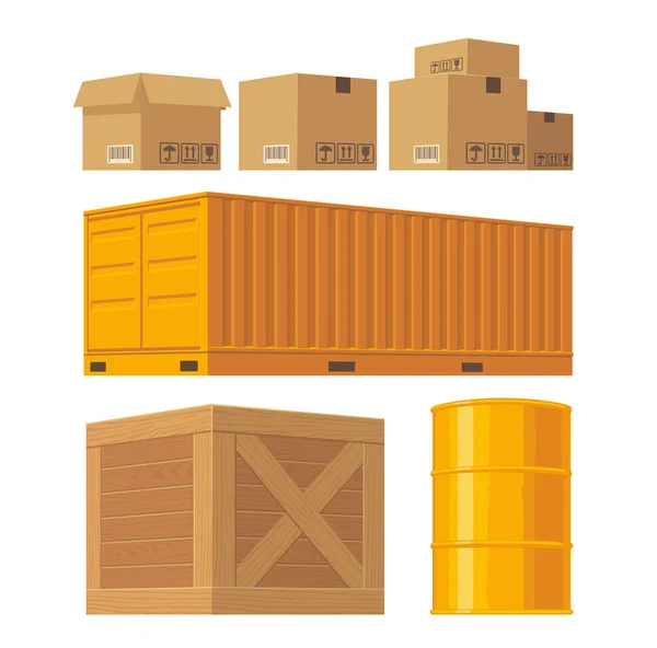 Bruin kartonnen doos verpakking, pallet, gele container, houten kisten, metalen vat geïsoleerd op witte achtergrond met fragiele aandacht tekenen. Vector set illustratie voor pictogram, banner, Infographic. — Stockvector