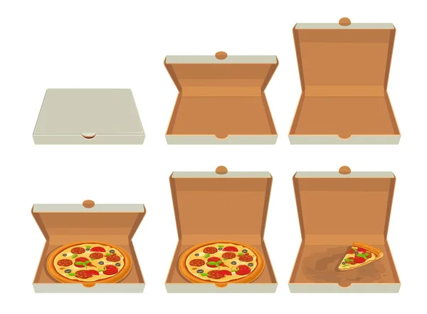 Ganze Pizza und Pizza-Scheiben in geschlossener und offener weißer Box. Isolierte Vektorflachillustration für Poster, Menüs, Logos, Broschüren, Web und Icon. — Stockvektor
