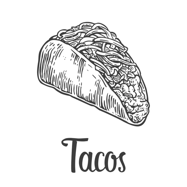 Tacos - comida tradicional mexicana. Vector vintage ilustración grabada para menú, póster, web. Aislado sobre fondo blanco . — Archivo Imágenes Vectoriales