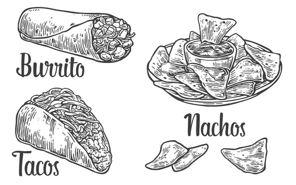 Mexican traditional food set with text message, burrito, tacos, chili, tomato, nachos. Vector vintage engraved illustration for menu, poster, web. Isolated on white background. — Stock Vector