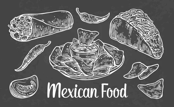 Mexikansk traditionell mat med textmeddelande, burrito, tacos, chili, tomat, nachos. Vintage graverade vektorillustration för menyn, affisch, web. Isolerad på mörk bakgrund. — Stock vektor