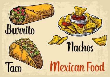 Metin mesajı, burrito, tacos, biber, domates, nachos ile Meksika geleneksel gıda seti. Menü, poster, web için vektör vintage oyma illüstrasyon. Bej arka planda izole.