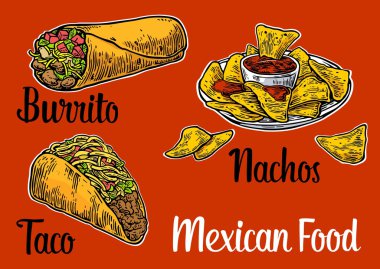 Metin mesajı, burrito, tacos, biber, domates, nachos ile Meksika geleneksel gıda seti. Menü, poster, web için vektör vintage oyma illüstrasyon. Kırmızı arka planda yalıtılmış.