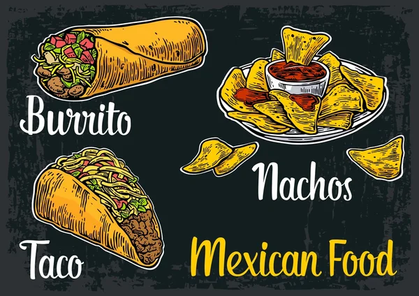 Meksika geleneksel yemeği ayarla metin mesajı, börek, tacos, biber, domates, Nacho. Vektör vintage oyulmuş çizim menüsü, poster, web için. Koyu arka plan üzerinde izole.