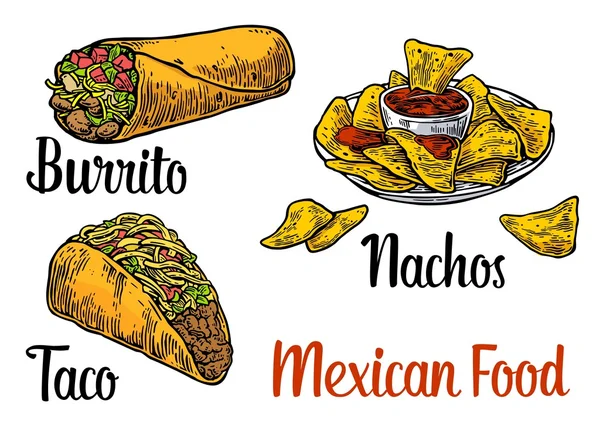Mexikansk traditionell mat med textmeddelande, burrito, tacos, chili, tomat, nachos. Vintage graverade vektorillustration för menyn, affisch, web. Isolerad på vit bakgrund. — Stock vektor