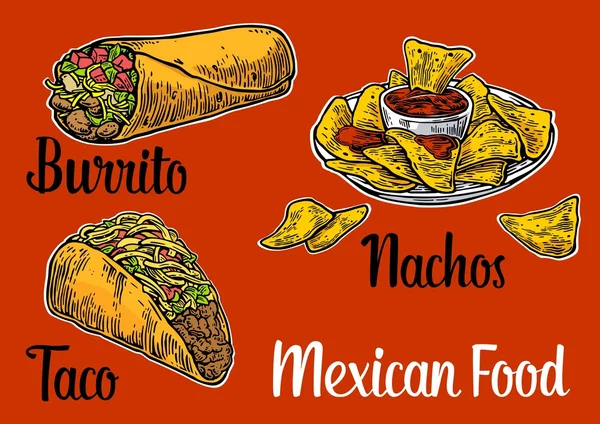 Mexican traditional food set with text message, burrito, tacos, chili, tomato, nachos. Vector vintage engraved illustration for menu, poster, web. Isolated on red background. — Stock Vector