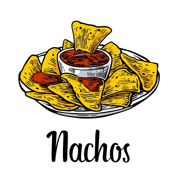 Nachos-Mexicaans traditioneel eten. Vector Vintage gegraveerde illustratie voor menu, poster, Web. Geïsoleerd op witte achtergrond. — Stockvector