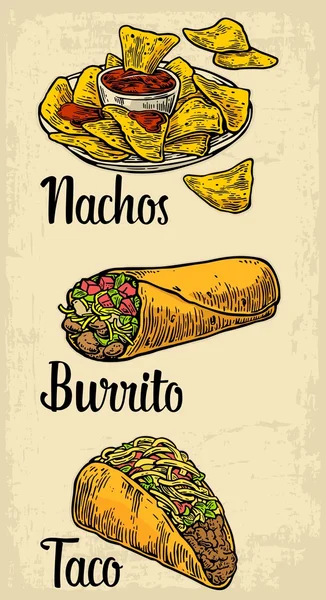 Conjunto de comida tradicional mexicana con mensaje de texto, burrito, tacos, chile, tomate, nachos. Vector vintage ilustración grabada para menú, póster, web. Aislado sobre fondo beige . — Vector de stock