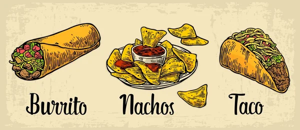 Mexikanische traditionelle Küche mit SMS, Burrito, Tacos, Chili, Tomaten, Nachos. Vektor Vintage gravierte Illustration für Menü, Poster, Web. isoliert auf beigem Hintergrund. — Stockvektor