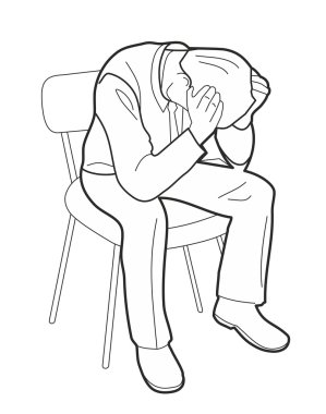 Çok çalışan işadamı baş ağrısı ile stres altında. Endişeli adam, Siyah vektör illüstrasyon beyaz arka plan izole