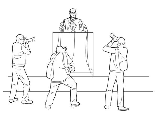 Orator se tient derrière un podium avec des microphones. Le Président présente un rapport au public. Les photographes prennent des photos. Illustration vectorielle noire isolée sur fond blanc . — Image vectorielle