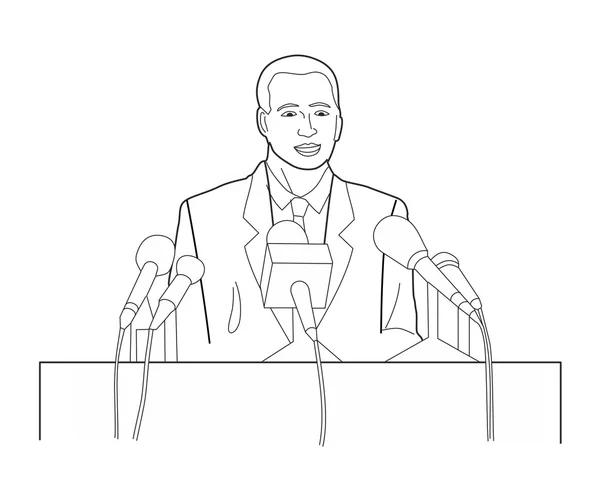 Gerente de negocios personaje haciendo discurso de presentación pública en tribuna con micrófono. Ilustración vectorial negra aislada sobre fondo blanco . — Vector de stock