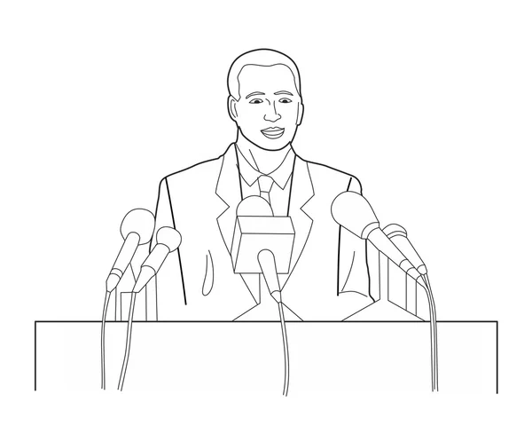 Personnalité de directeur d'entreprise faisant un discours de présentation publique à tribune avec microphone. Illustration vectorielle noire isolée sur fond blanc . — Image vectorielle