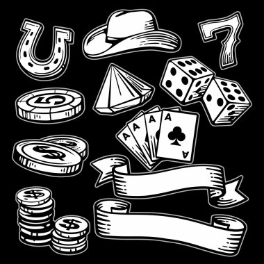 Casino set symbols and stetson. Black and white vintage vector illustration on black background for label, poster, web,  icon, banner.