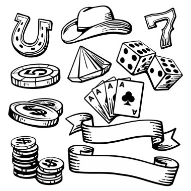 Casino semboller ve stetson ayarlayın. Etiket, poster, web, simge, afiş için beyaz arka plan üzerinde siyah ve beyaz vintage vektör illüstrasyon.