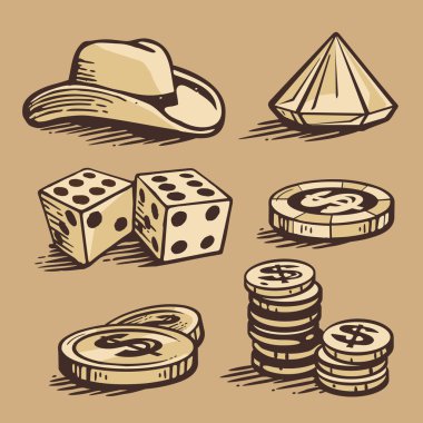  vektör casino sembolleri ve stetson. Vintage el yapımı illüstrasyon seti.