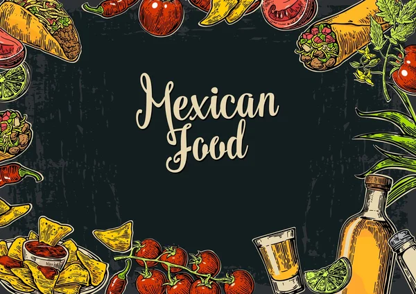 Cucina messicana tradizionale modello di menu ristorante con piatto tradizionale piccante. burrito, tacos, pomodoro, nachos, tequila, lime. Illustrazione vettoriale vintage incisa su sfondo scuro. Per poster, web . — Vettoriale Stock