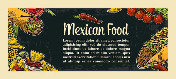 Templat menu makanan tradisional Meksiko dengan hidangan pedas tradisional. Burrito, taco, tomat, nacho, tequila, jeruk nipis. Vektor vintage terukir ilustrasi pada latar belakang gelap. Untuk poster, web . - Stok Vektor