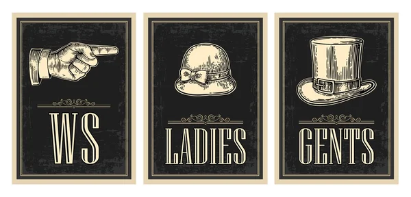 Tuvalet retro vintage grunge poster. Bayanlar, sent, işaret parmağı. Vektör vintage oyulmuş resimde siyah bir arka plan. Barlar, restoranlar, kafeler, barlar için