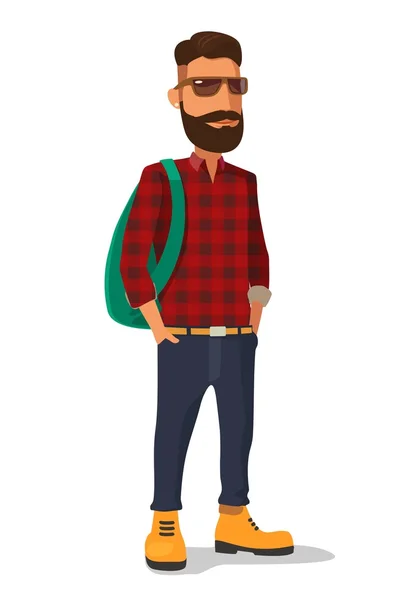 Hipster  in the yellow shoes and a red plaid shirt. Vector flat illustration on white background — Stock Vector