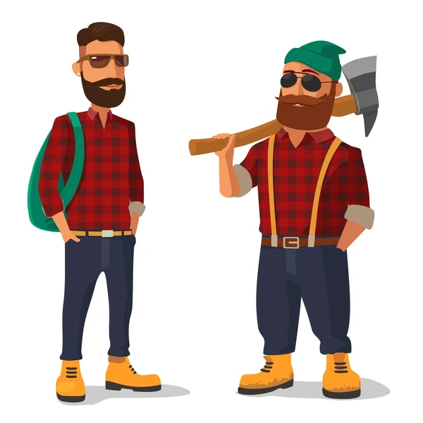 Houthakker en hipster in de gele schoenen en een rood geruite shirt. Platte vectorillustratie op witte achtergrond — Stockvector