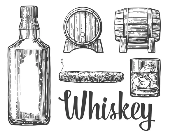 Verre à whisky avec glaçons bouteille de baril cigare . — Image vectorielle