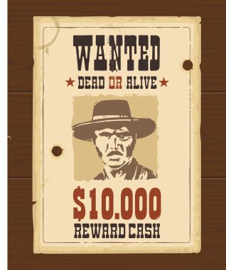 Vector Vintage western retro Wanted Poster template. Old paper texture dark on wood surface. clipart