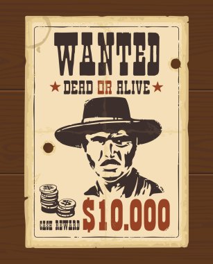 Vector Vintage western retro Wanted Poster template. Old paper texture dark on wood surface. clipart