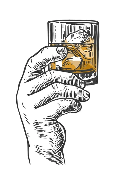 Αρσενική χέρι που κρατά μια βολή του αλκοολούχου ποτού. Χέρι συρμένο σχεδιαστικό στοιχείο. Εκλεκτής ποιότητας διάνυσμα χαρακτική εικόνα για την ετικέτα, αφίσα, πρόσκληση για ένα πάρτι — Φωτογραφία Αρχείου