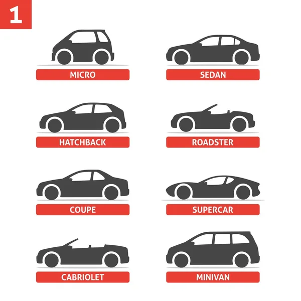 Type auto en Model objecten instellen, auto van de pictogrammen. Zwarte vectorillustratie geïsoleerd op een witte achtergrond met schaduw. Varianten van auto lichaam silhouet voor web. — Stockvector