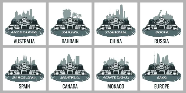 Set vintage poster Grand Prix. Barcelona, Spain, Montreal, Canada, Monte Carlo, Monaco, Baku, Europe, Melbourne, Australia, Sakhir, BahrainShanghai, China, Sochi, Russia. Vector for poster, web. — Stock Vector