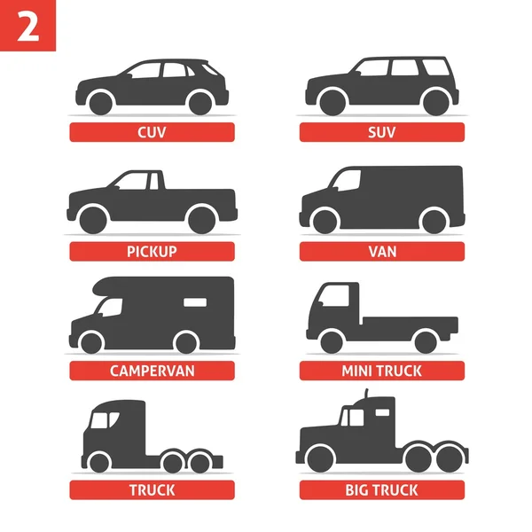 Tipo de coche y el modelo de objetos iconos conjunto, automóvil. Ilustración vectorial en negro aislada sobre fondo blanco con sombra. Variantes de silueta de carrocería para web . — Vector de stock