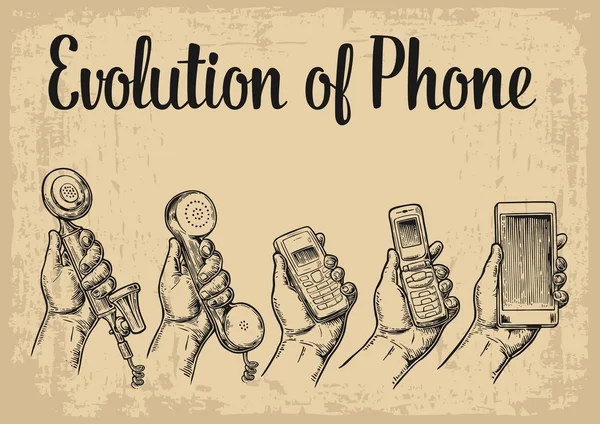 Еволюція комунікаційних пристроїв від класичного телефону до сучасного мобільного телефону з ручною людиною. Урожай векторна гравюрна ілюстрація для інформації графіка, плакат, Інтернет — стоковий вектор