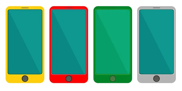 Barevné sady chytrý telefon. Žlutá, červená, zelená, šedá barva na bílém pozadí. Izolované vektorové ilustrace. Plochý design styl. — Stockový vektor