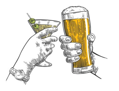 Two hands clink a glass of beer and cocktails.  clipart