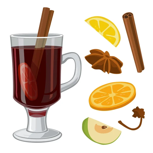 Mulled wine with glass of drink and ingredients. Vector flat illustration for greeting card, invitation, banner and poster. — Stock Vector