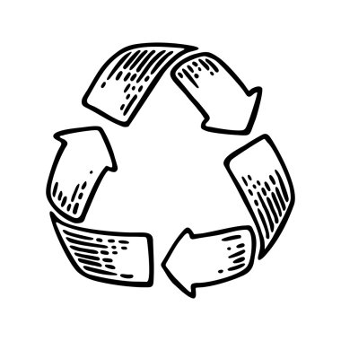 İşareti geri dönüşüm. Vintage vektör siyah resmi web, simgeler için oyma. Beyaz arka plan üzerinde izole