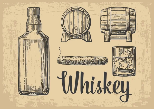 Verre à whisky avec glaçons, tonneau, bouteille, cigare . — Image vectorielle